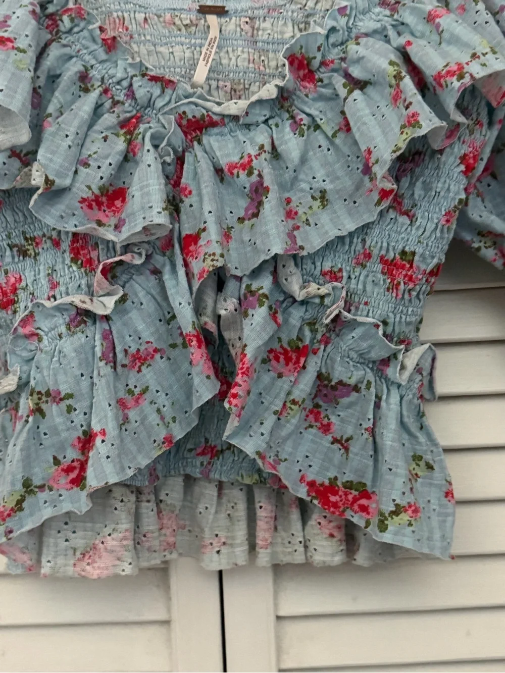 Free People Light Blue Floral Favorite Girl Smocked Ruffle Top